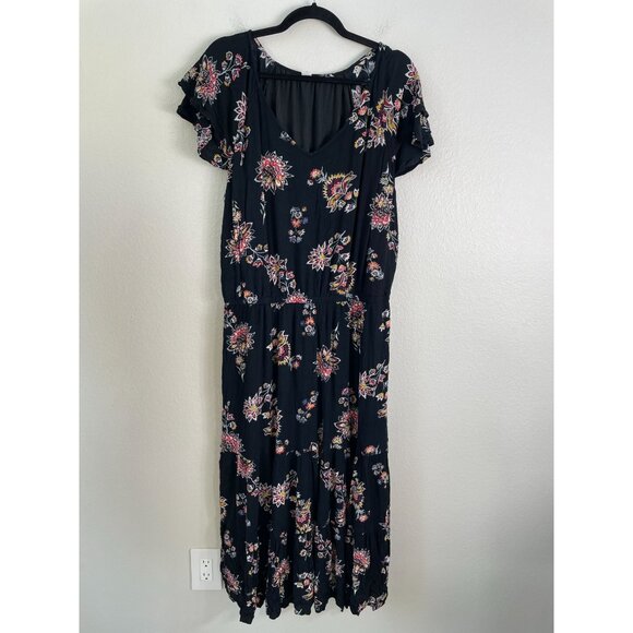 Old Navy Womens XL Floral Midi Dress Black Multicolor V Neck Short Sleeve - Picture 1 of 7